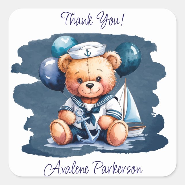 Nautical Teddy Bear Delight Boy Baby Shower Square Sticker (Front)