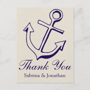 Nautical Thank You Anchor Navy Blue Tan Wedding Postcard