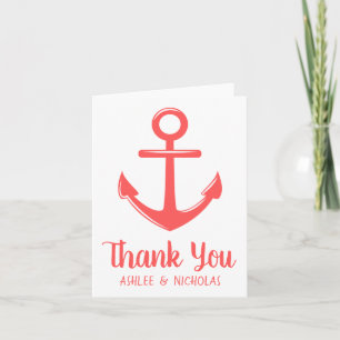 Nautical Thank You Anchor Pink Red Coral Wedding Card