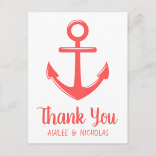 Nautical Thank You Anchor Pink Red Coral Wedding Postcard