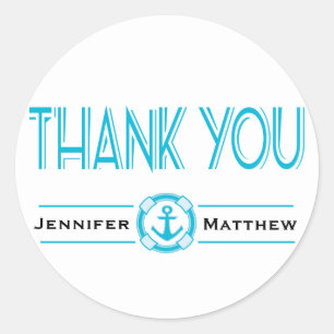 Nautical Thank You Blue Turquoise Ship Anchor Classic Round Sticker
