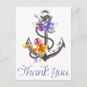 Nautical Thank You Boat Anchor Floral Postcard