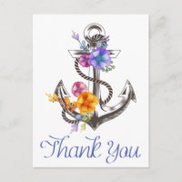 Nautical Thank You Boat Anchor Floral Postcard