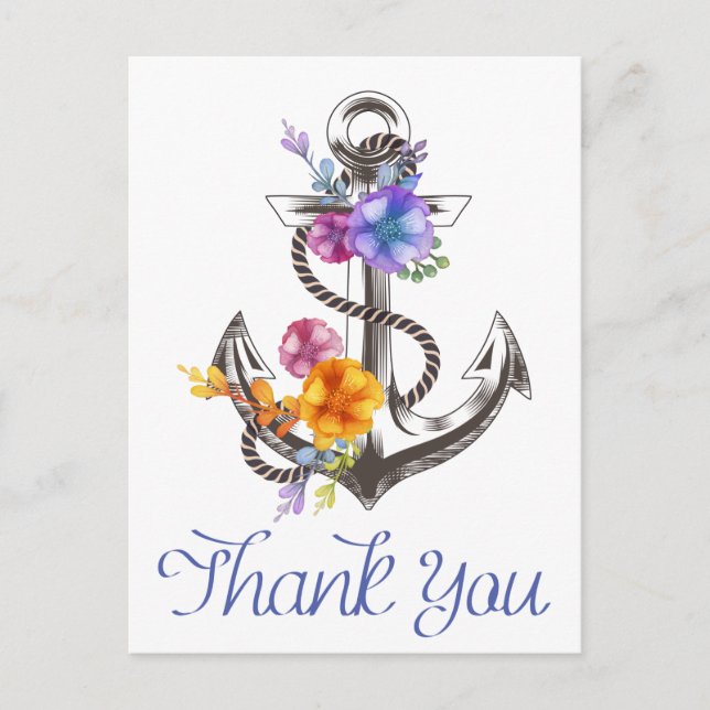 Nautical Thank You Boat Anchor Floral Postcard (Front)