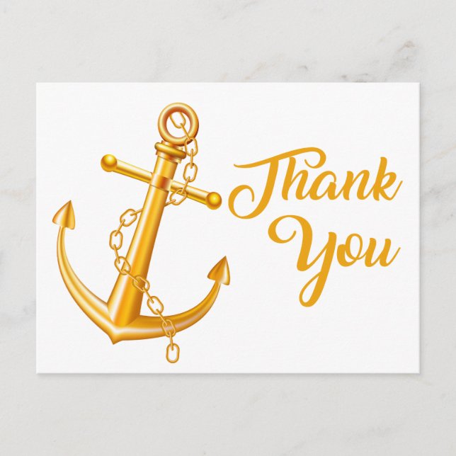 Nautical Thank You Gold Anchor Wedding Beach Ocean Postcard (Front)