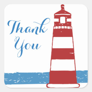 Nautical Thank You Red Lighthouse Blue Ocean Square Sticker