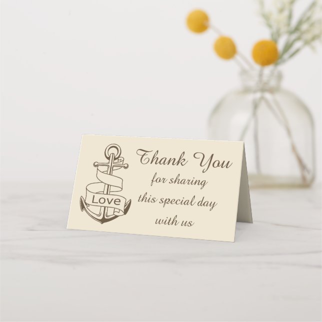 Nautical Thank You Ship Anchor Brown Wedding Love Place Card (Front)