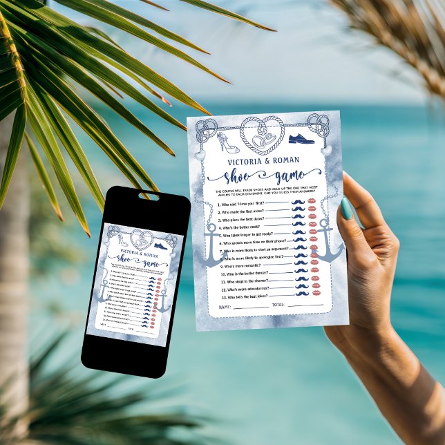 Nautical The Shoe Game Bridal Shower Wedding Card (wedding games couples shower bride and groom elegant instant digital download monogram names shoes )