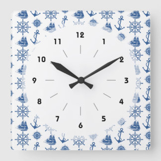 Nautical Theme Anchor Blue and White Square Wall Clock