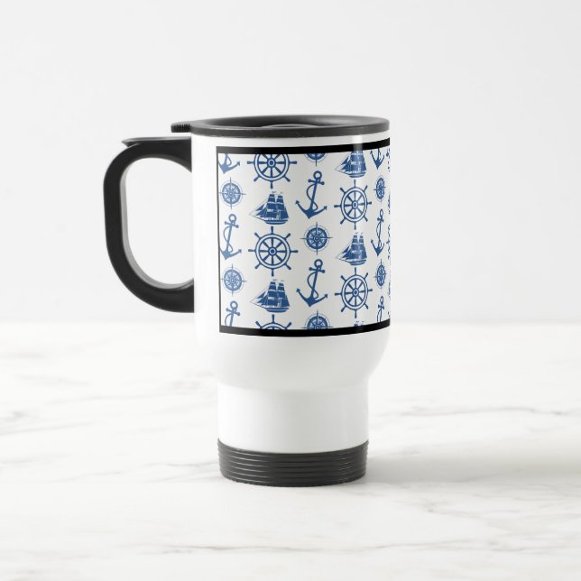 Nautical Theme Anchor Blue and White Travel Mug (Left)