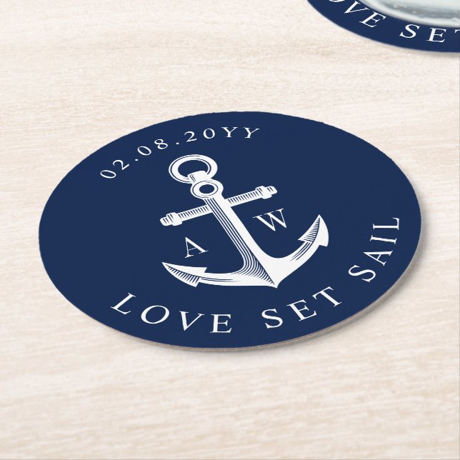 Nautical Theme Anchor Custom Monograms Navy Round Paper Coaster (Angled)