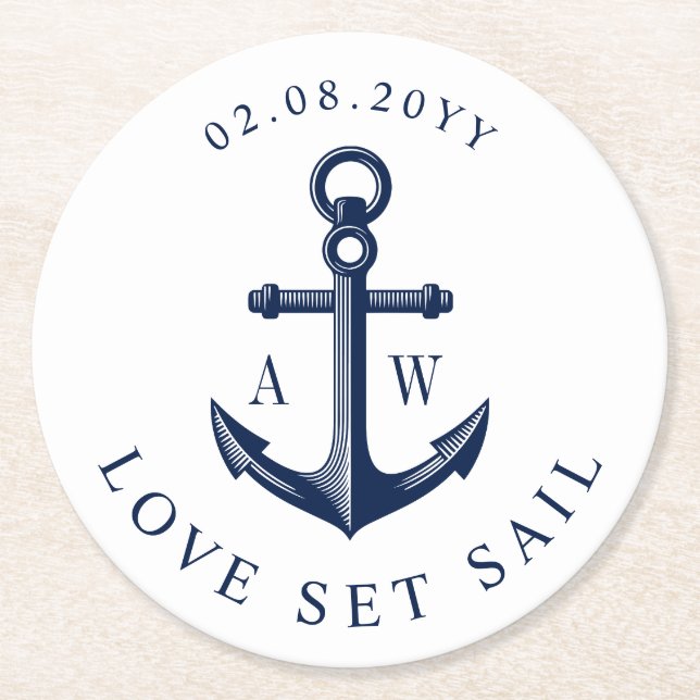 Nautical Theme Anchor Custom Monograms Round Paper Coaster (Front)
