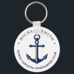 Nautical Theme Anchor Custom Navy Key Ring<br><div class="desc">A fully customisable and fun keychain with a unique nautical theme. It features an anchor centred in the middle in a vibrant navy and white colour scheme. Your unique text details circle around the outer edges. All elements are on unlocked and adjustable, so have fun creating and making it your...</div>