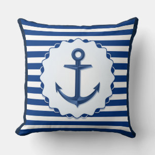 Nautical Theme Blue White Anchor Marine Stripe  Cushion