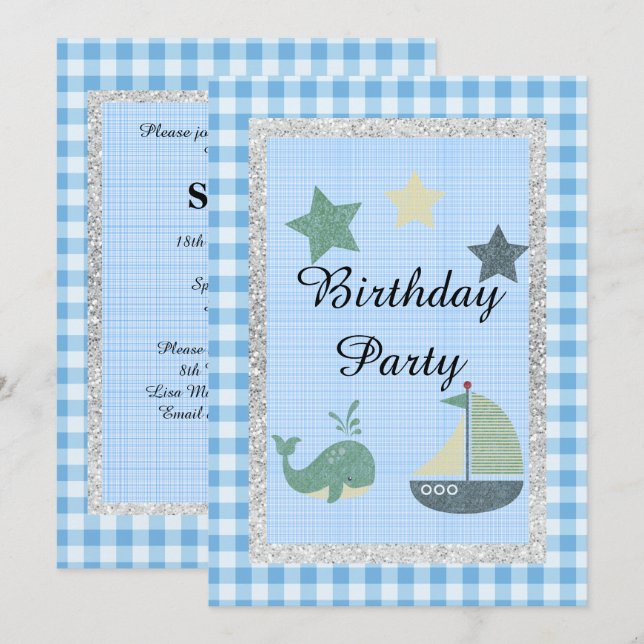 Nautical theme Blue White Check Birthday Party Invitation (Front/Back)
