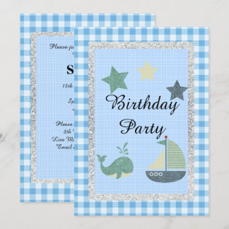 Nautical theme Blue White Check Birthday Party Invitation