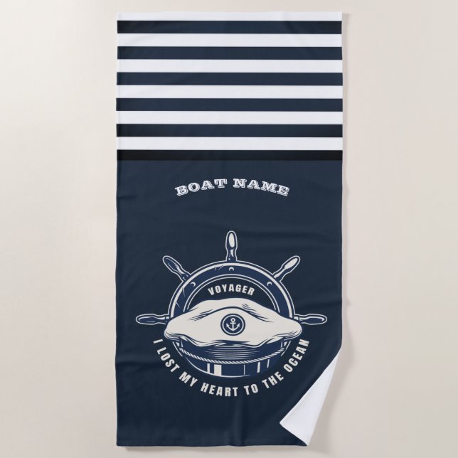 Nautical Theme Boat Name Navy Blue Stripe Beach Towel (Front)