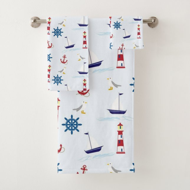 Nautical Theme Boats and Lighthouses Blue Bath Towel Set (Insitu)
