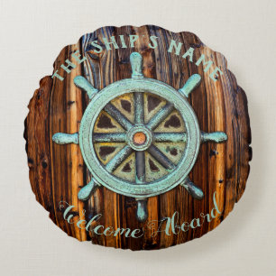 Nautical Theme Bronze Captains Wheel Round Cushion