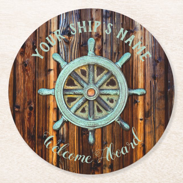 Nautical Theme Bronze Captains Wheel Round Paper Coaster (Front)