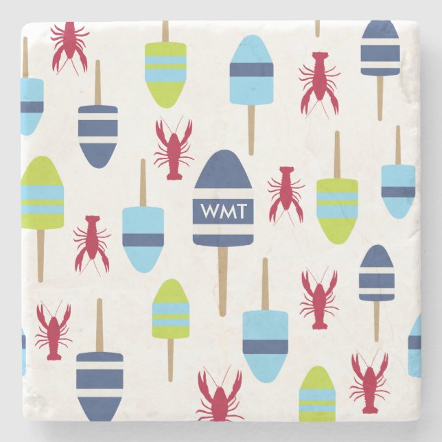 Nautical Theme Buoy and lobster monogrammed Stone Coaster (Front)