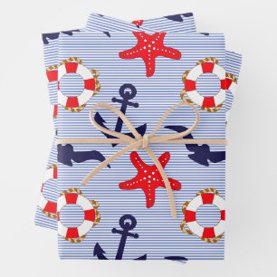 Nautical Theme - Lifebuoy, Starfish, Anchor Wrapping Paper Sheet