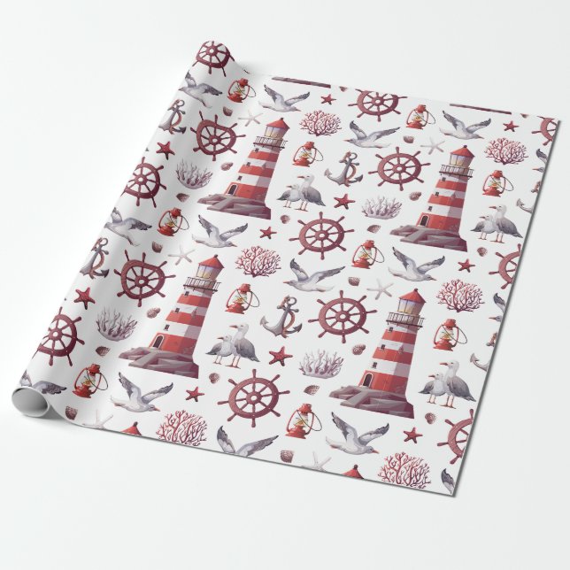 Nautical Theme - Lighthouse, Coral, Marine Life Wrapping Paper (Unrolled)