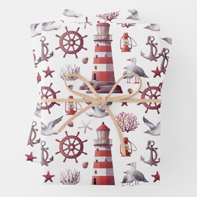 Nautical Theme - Lighthouse, Coral, Marine Life Wrapping Paper Sheet (In situ)