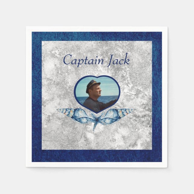 Nautical-theme Navy Blue Photo  Shells Watercolor  Napkin (Front)