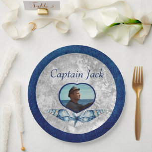 Nautical-theme Navy Blue Photo  Shells Watercolor  Paper Plate