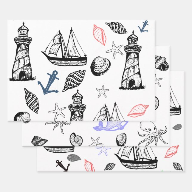 Nautical theme, Ocean Theme, Marine theme Wrapping Paper Sheet (Set)