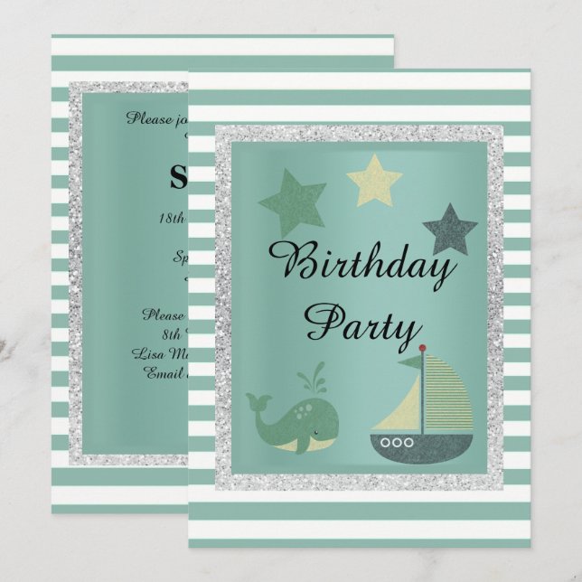 Nautical theme Sage Green Birthday Party Invitation (Front/Back)