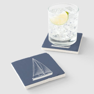 Nautical Theme Sailboat White Navy Stone Coaster