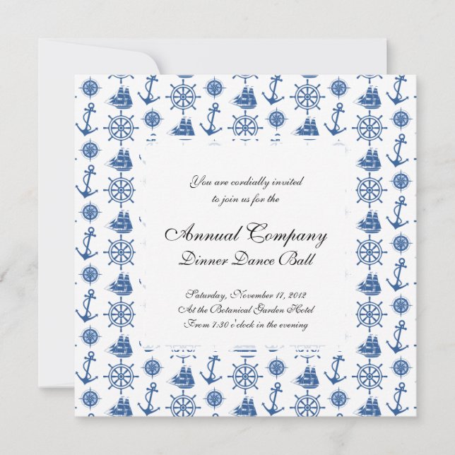 Nautical Theme Ships Anchor Blue and White Invitation (Front)