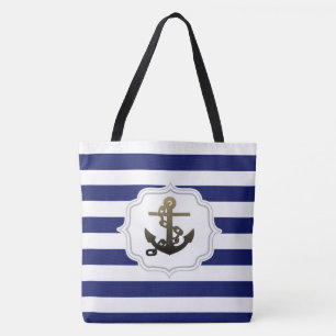 Nautical Theme Trendy Anchor Blue Stripe Pattern Tote Bag