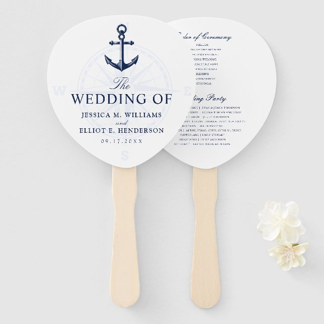 Nautical Theme Wedding Anchor Custom Navy Hand Fan (Front and Back)