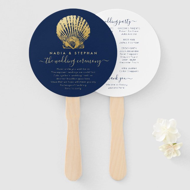 Nautical Theme Wedding Seashell Gold Navy Blue Hand Fan (Front and Back)