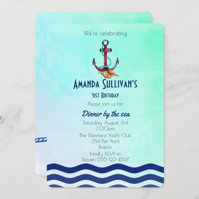 Nautical Theme With Anchor Birthday Invite (Front/Back)