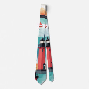Nautical Theme With Lighthouses and Boats Pattern Tie