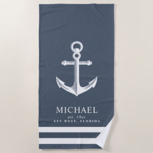 Nautical Themed Anchor   Custom Name Slate Blue Beach Towel
