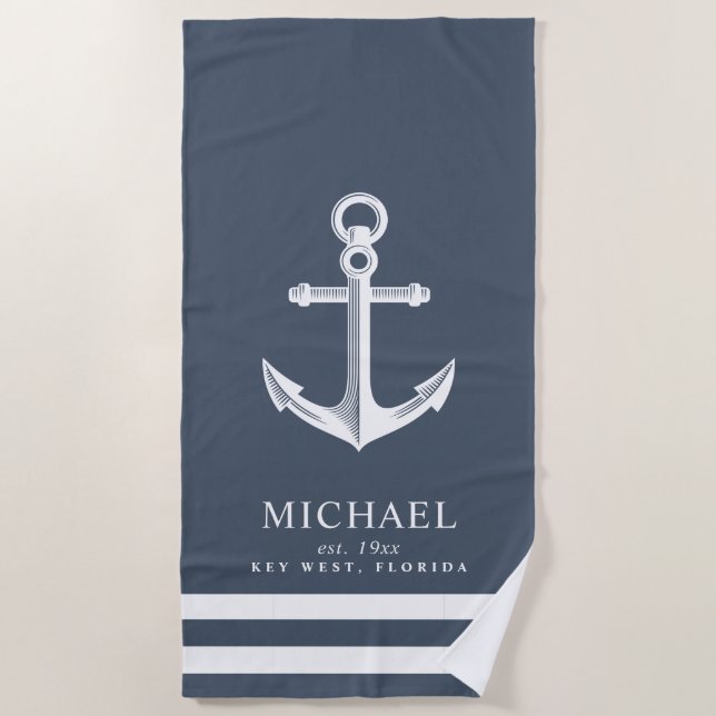 Nautical Themed Anchor | Custom Name Slate Blue Beach Towel (Front)