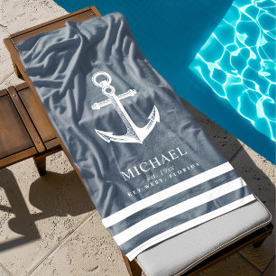 Nautical Themed Anchor Custom Name Slate Blue Beach Towel