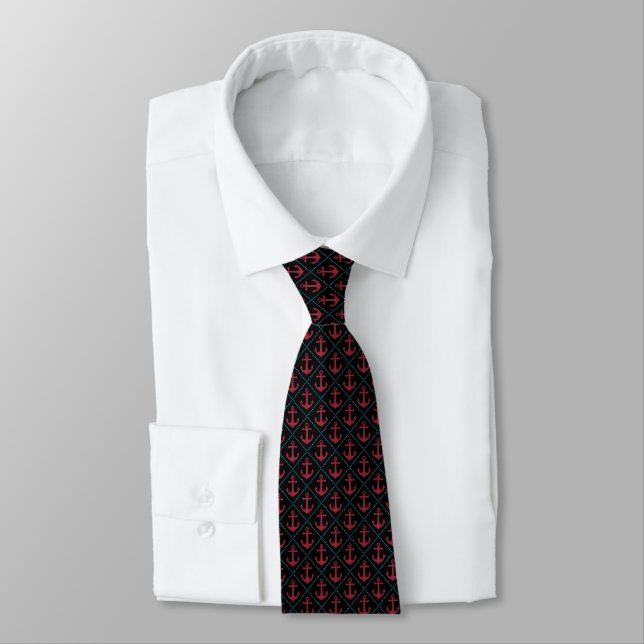 Nautical Themed Anchor Pattern in Black and Red Tie (Tied)