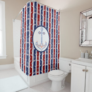 Nautical Themed Anchor Sailing Blue Red White Shower Curtain
