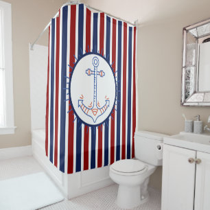 Nautical Themed Anchor Sailing Blue Red White Shower Curtain