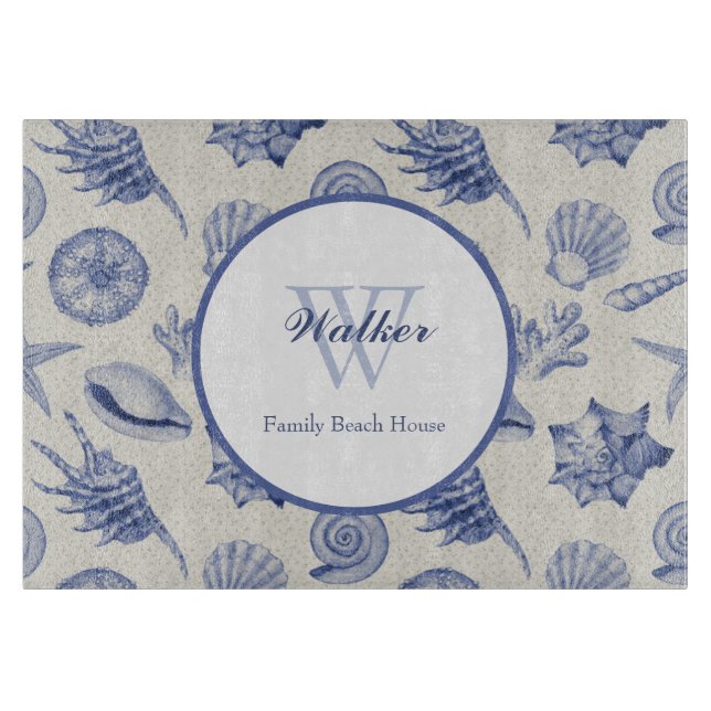 Nautical Themed Blue Seashell Custom Cutting Board (Front)