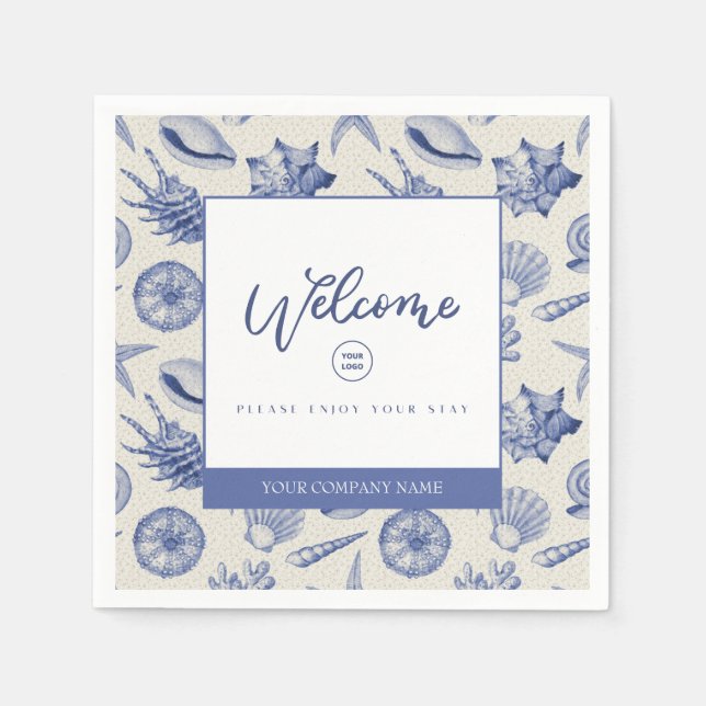 Nautical Themed Blue Seashell Custom Paper Napkins (Front)