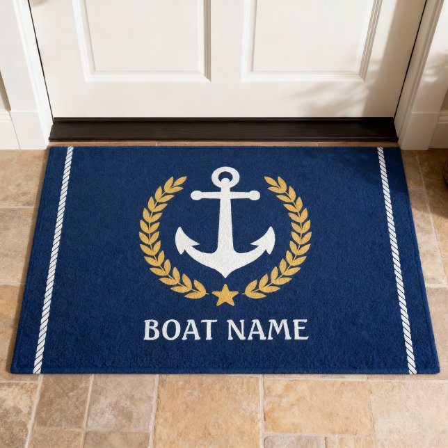 Nautical Themed Boat Name Anchor Gold Laurel Navy Doormat (Creator Uploaded)