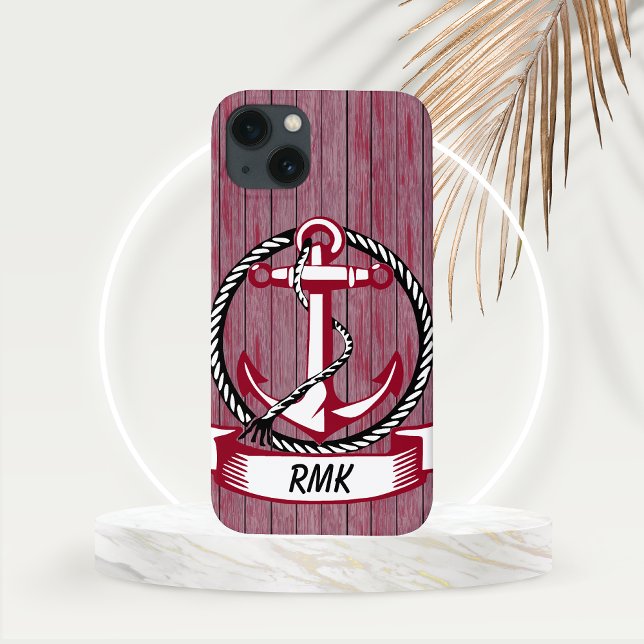 Nautical Themed Burgundy Planks and Anchor  Case-Mate iPhone Case (Nautical Themed Burgundy Planks with Fouled Anchor and Personalization area Phone Case)