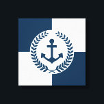 Nautical themed design canvas print<br><div class="desc">Nautical themed design with anchor and laurel wreath decoration over blue and white geometric background</div>